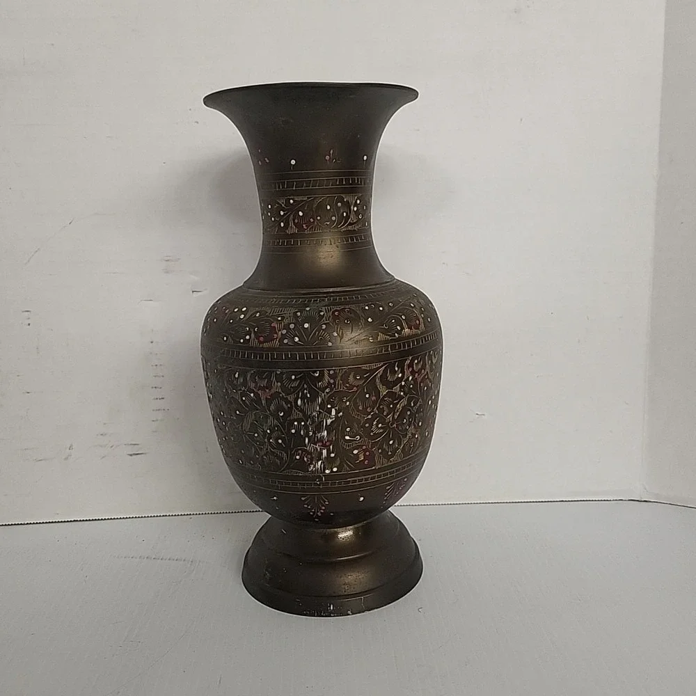 Vintage Brass Etched and Painted Vase Floral India Home Decor 12 Inch